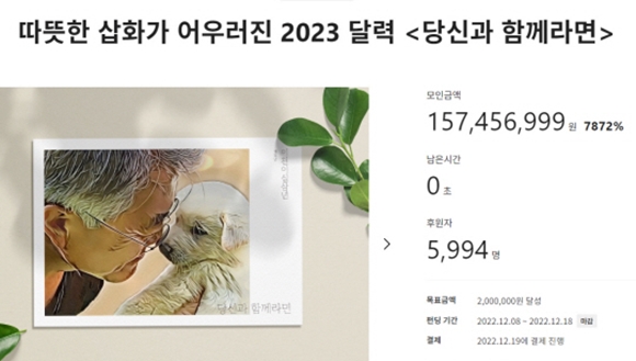 지난 8일 크라우드 펀딩 플랫폼 텀블벅에 게시된 2023년 탁상달력 ‘당신과 함께라면’ 프로젝트 소개 화면. 텀블벅 홈페이지.