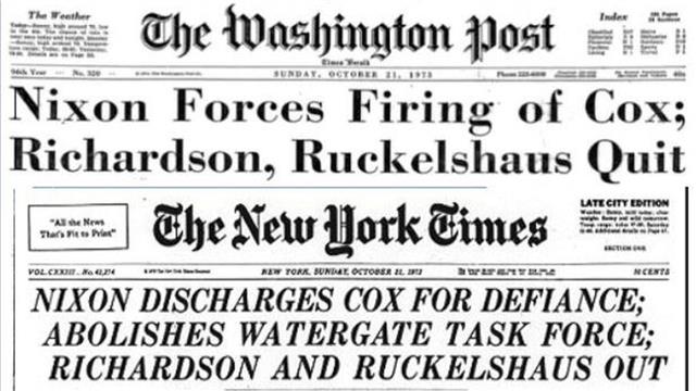 ‘토요일 밤의 학살’을 보도한 워싱턴 포스트와 뉴욕타임스. AP·닉슨기념도서관