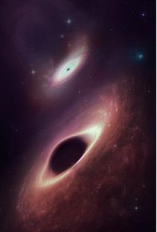 지구에서 5억 광년 떨어져 있는 게자리의 UGC 4211 은하에서 거대 블랙홀 두 개가 형성된 것이 발견됐다. 두 개의 은하가 합쳐지면서 블랙홀 두 개가 만들어져 활동하는 것을 보여 주는 가상도.  알마 제공