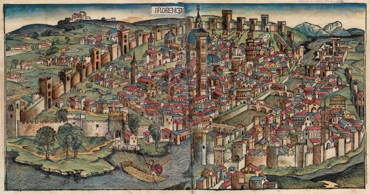 1493년 하르트만 셰델의 ‘뉘른베르크 연대기’에 실린 당시 피렌체 전경.단단한 성벽으로 둘러싸인 이곳에 5만명이 모여 살았다. 위키미디어 커먼스 캡처