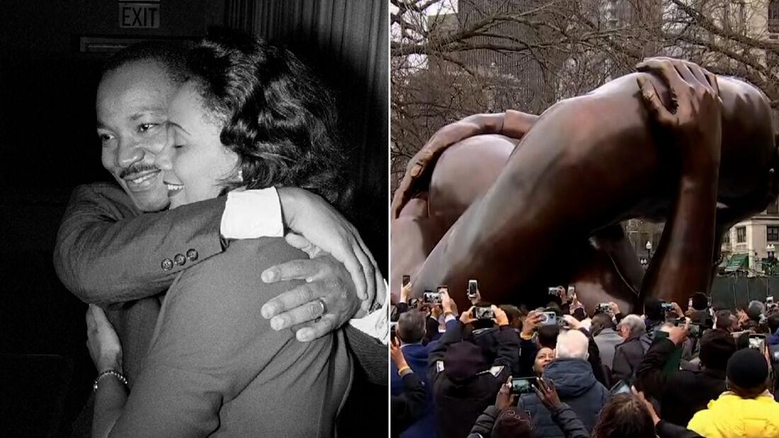 1964년 노벨평화상 수상자로 선정됐다는 소식을 듣고 기뻐 부인 코레타 킹 여사를 껴안는 미국의 인권운동 지도자 마틴 루서 킹 주니어 목사. 오른쪽은 보스턴 공원에 새롭게 들어선 킹 목사 대형 조형물.
