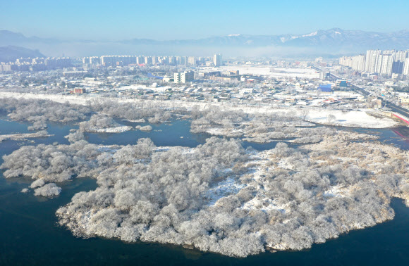 30일 눈 덮인 강원 춘천 도심 위로 안개가 깔려 있다. 2023.1.30 연합뉴스