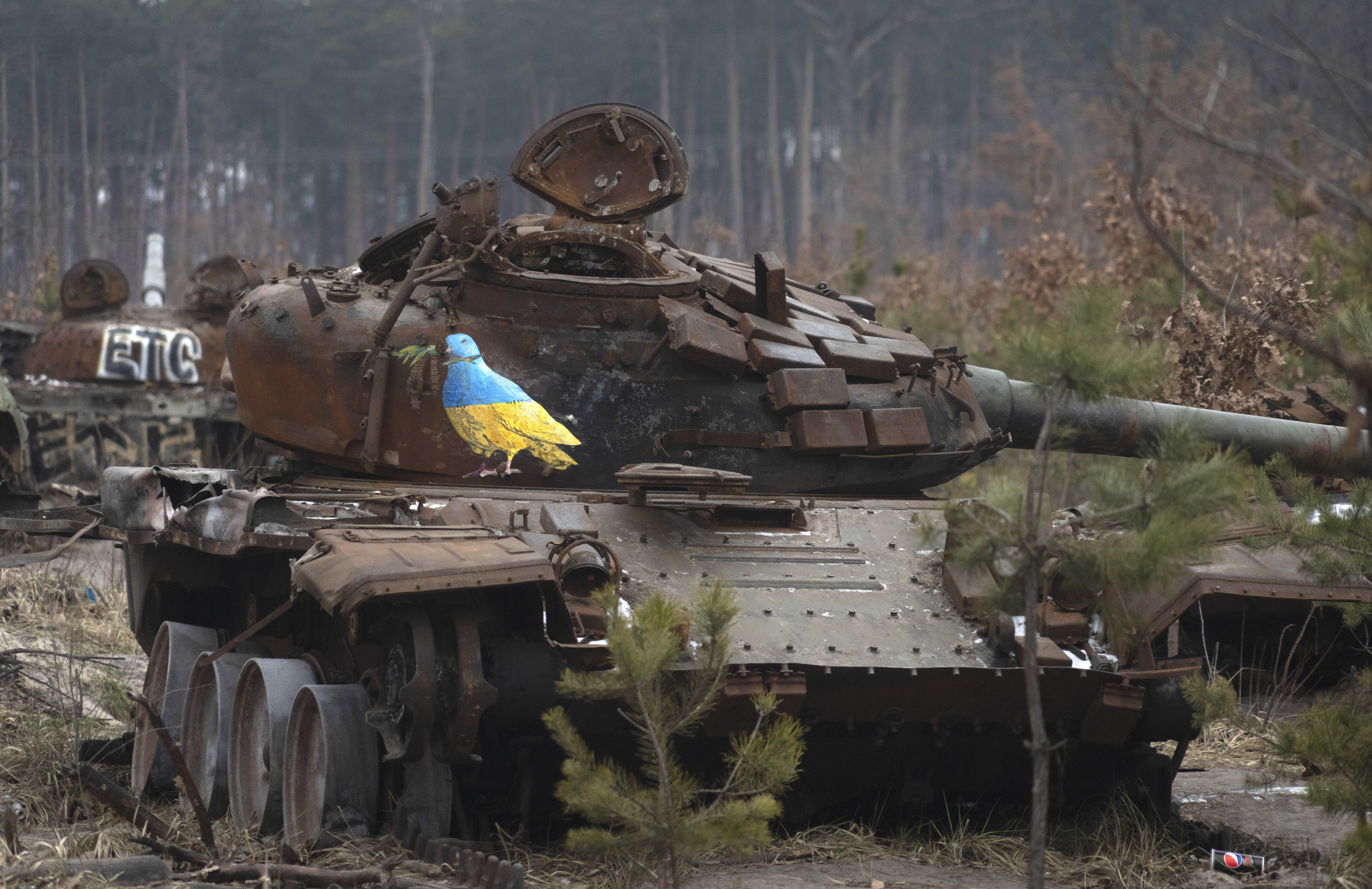 이탈리아 거리 예술가 티브이보이(TvBoy)가 30일(현지시간) 키이우 외곽에서 우크라이나군 공격으로 망가진 러시아군 탱크 위에 우크라이나 국기 색으로 칠한 비둘기 모형을 올려놨다. 키이우 AP 연합뉴스