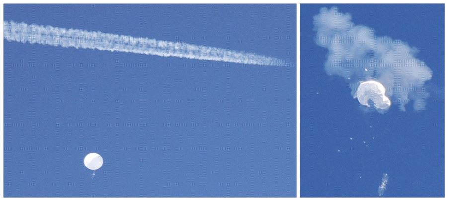 미국 공군의 F22 스텔스 전투기가 지난 4일(현지시간) 자국 본토를 가로질러 사우스캐롤라이나주 서프사이드비치 상공까지 날아온 중국의 대형 풍선 주변을 격추 직전 비행하고 있다(왼쪽 사진). 조 바이든 대통령의 격추 지시에 따라 F22가 발사한 AIM9 공대공미사일에 명중된 대형 풍선이 미 동부 대서양 해상으로 추락하고 있다(오른쪽 사진). 서프사이드비치 로이터 연합뉴스