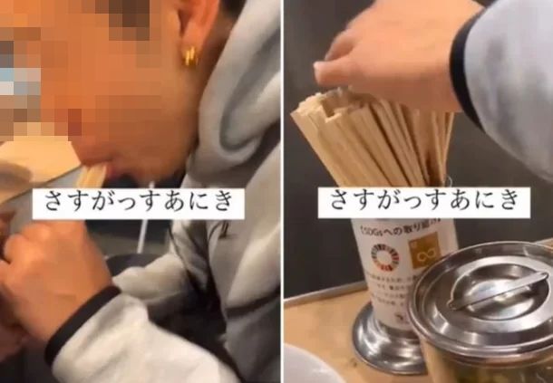 일본의 라면 가게에서 한 남성이 나무젓가락에 침을 묻힌 뒤 다시 통에 넣었다.  트위터 캡처