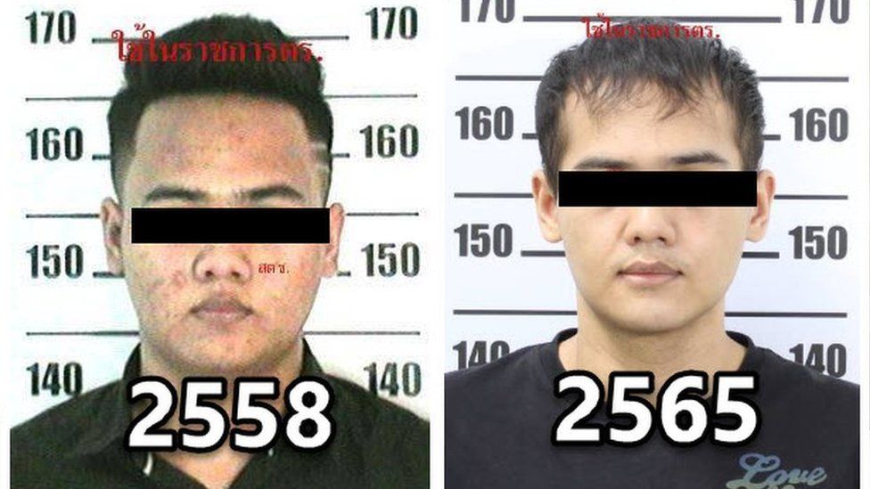 태국 마약상 사하라트 사왕쟁이 예전에 경찰에 검거됐을 때의 모습(왼쪽)과 지난주 체포됐을 때믜 모습.  태국국립경찰 제공 영국 BBC  홈페이지 재인용