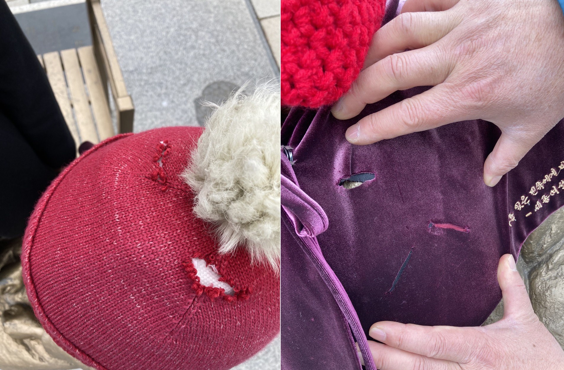 세종시 호수공원에 설치된 ‘평화의 소녀상’에 겨울나기를 위해 입혀놓은 모자(왼쪽)와 망토가 예리한 칼로 훼손된 것으로 보이는 정황이 발견됐다. 세종참여자치시민연대 제공