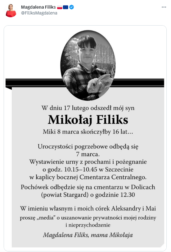폴란드 제1야당 시민연단(PO) 소속 의원인 마그달레나 필릭스가 아들 미콜라이의 죽음과 장례식을 알리며 지난 4일(현지시간) 올린 트윗. 마그달레나 필릭스 트위터 캡처