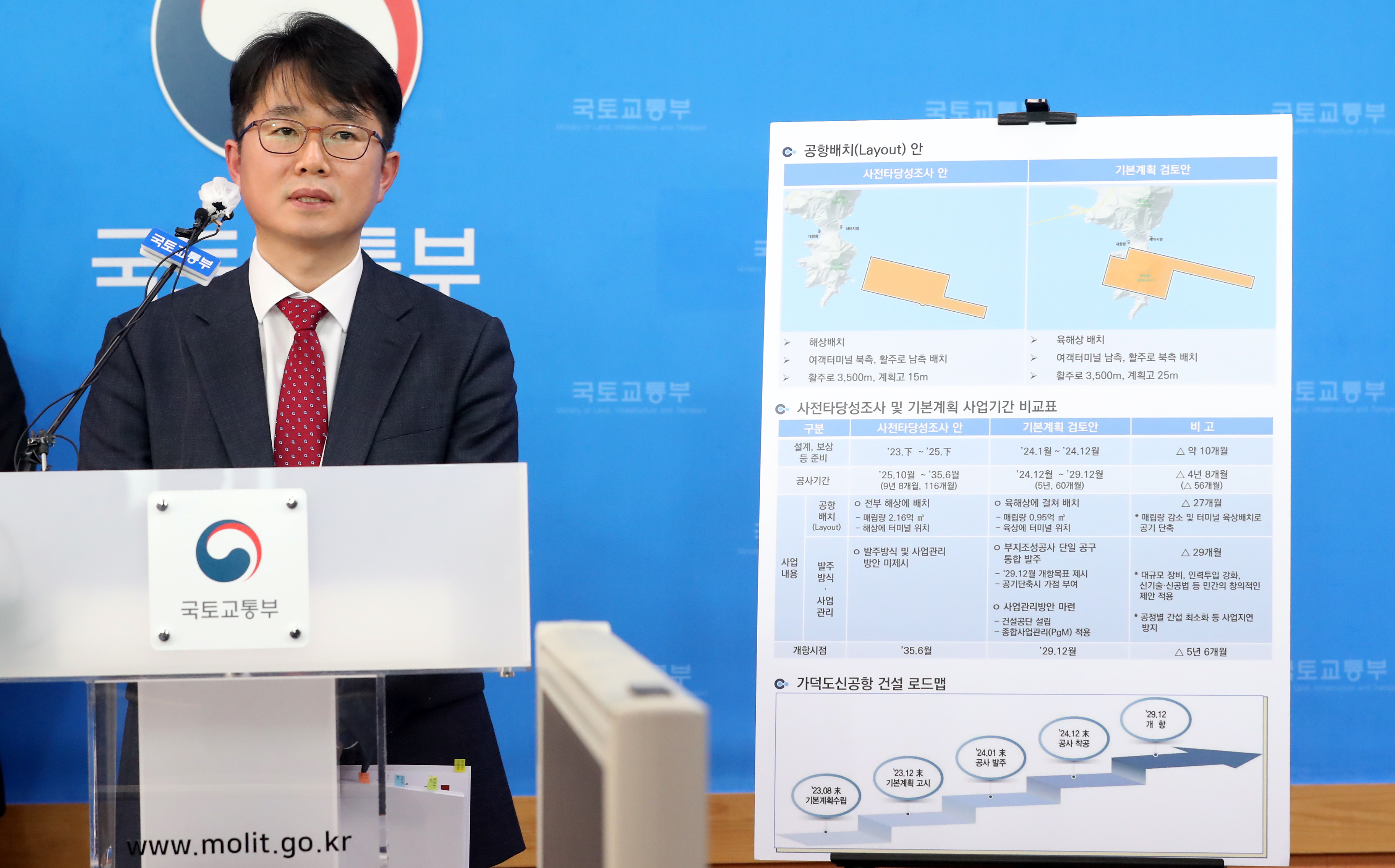 박지홍 가덕도신공항 건립추진단장이 14일 세종시 정부세종청사에서 가덕도신공항을 육상·해상에 걸쳐 매립식 공법으로 건설, 2029년 12월까지 개항을 추진하겠다고 밝히고 있다. 뉴시스