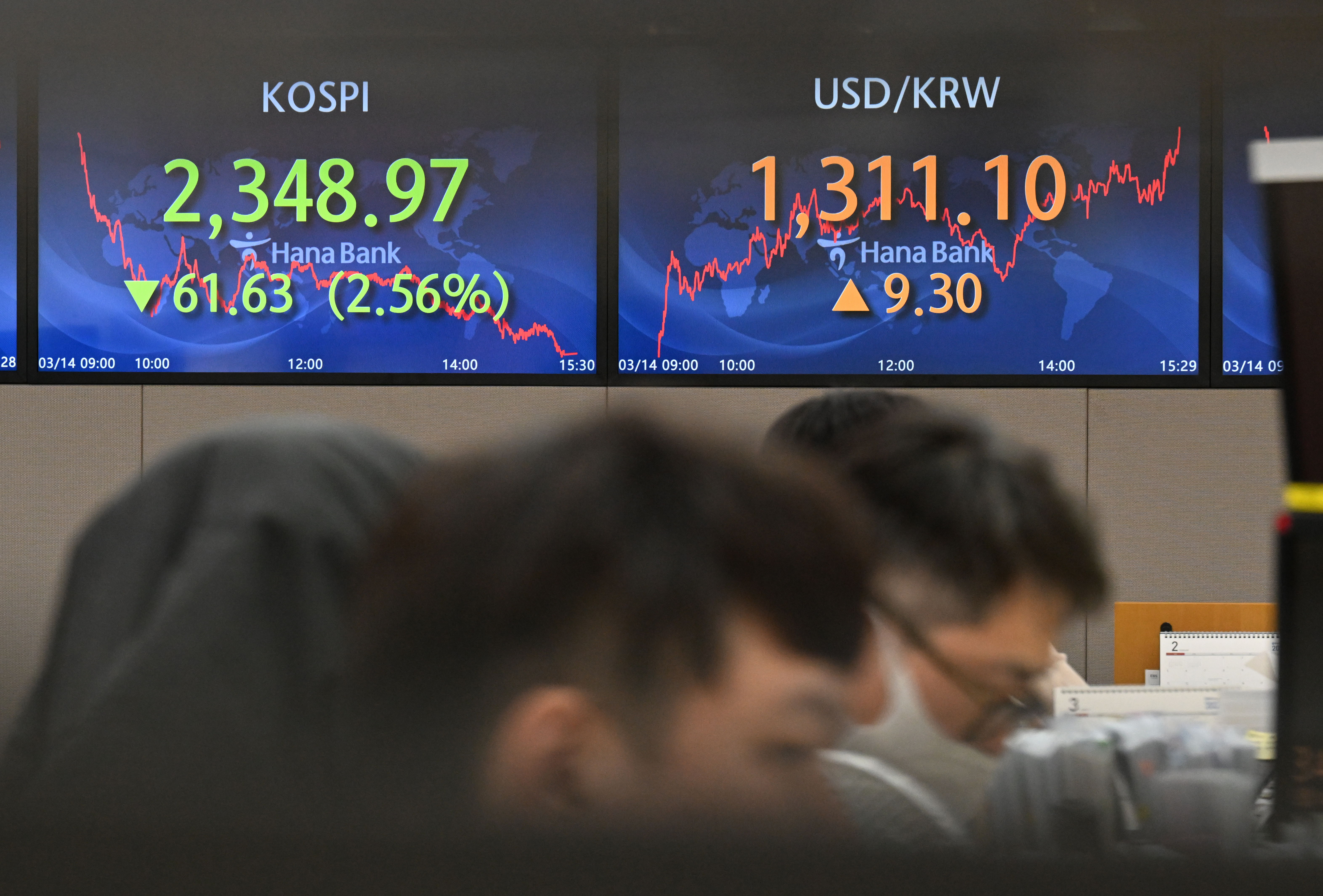 14일 오후 서울 중구 하나은행 딜링룸 전광판에 코스피 지수가 전 거래일대비 61.63포인트(2.56%) 하락한 2348.97을 나타내고 있다. 2023.3.14  안주영 전문기자