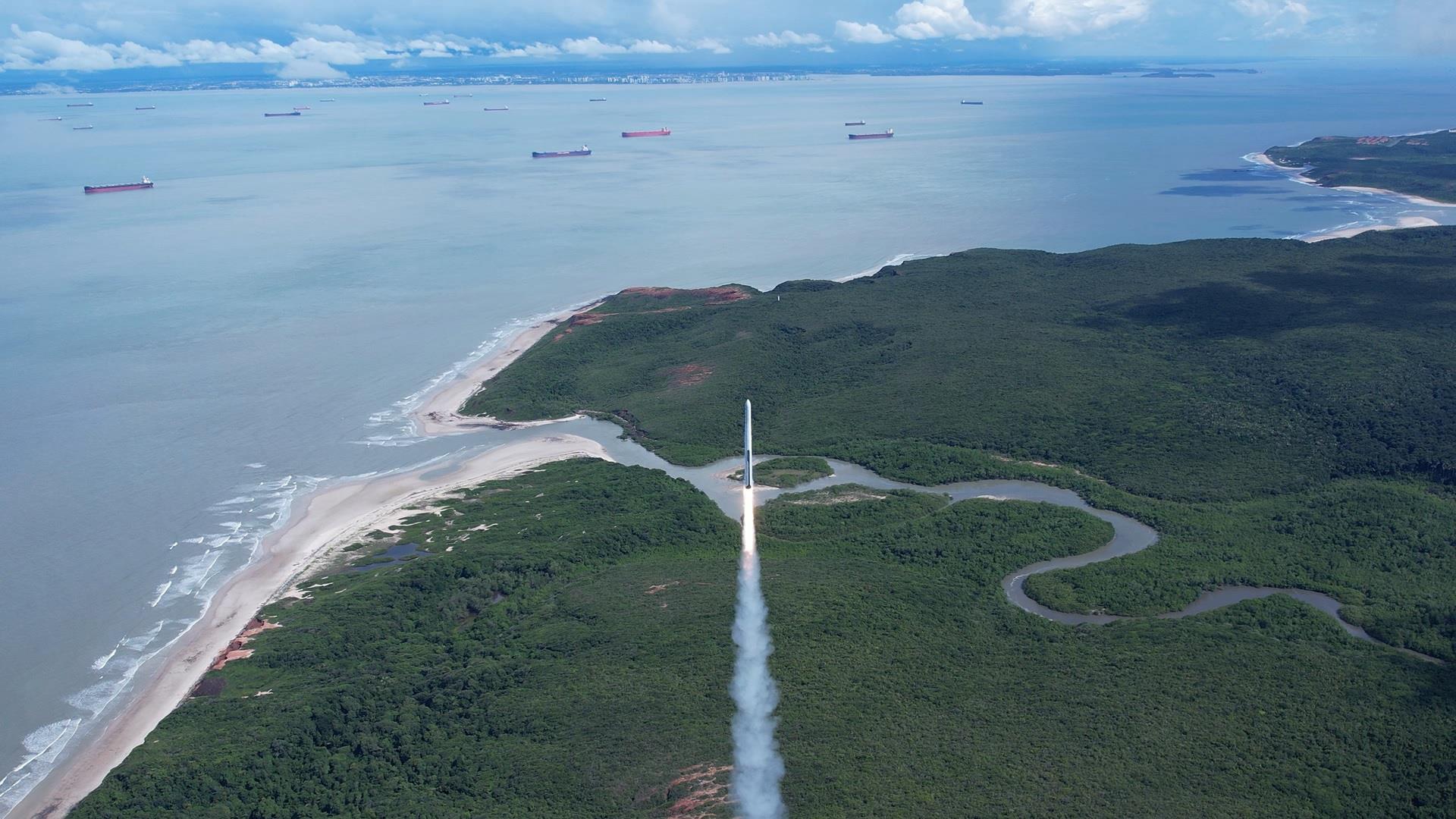 국내 민간 우주 스타트업 이노스페이스가 독자 개발한 엔진 검증용 시험 발사체 ‘한빛-TLV’가 19일(현지시간) 브라질 알칸타라 우주센터에서 쏘아 올려지고 있다. 발사체는 106초간의 엔진 연소 이후 4분 33초간 비행한 뒤 브라질 해상에 낙하했다. 이노스페이스 제공