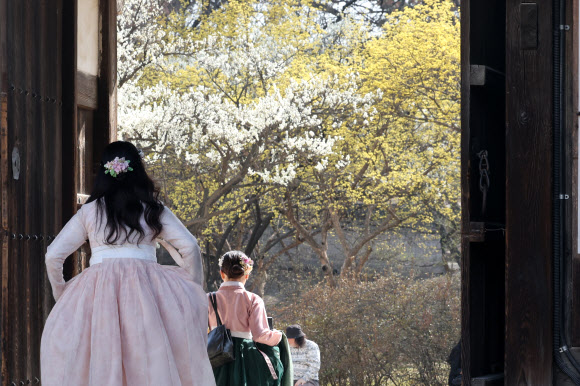 21일 오후 서울 종로구 창덕궁을 찾은 시민들이 낙선재 일대를 관람하며 봄의 정취를 만끽하고 있다. 창덕궁은 이날부터 4월 6일까지 매주 화요일~목요일 오후에 낙선재 후원 일대를 둘러보는 ‘봄을 품은 낙선재’ 프로그램을 운영한다. 2023.3.21 연합뉴스
