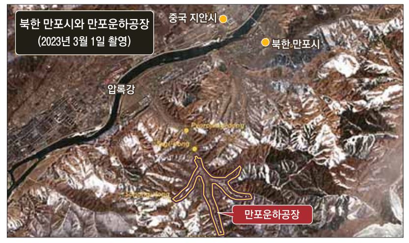 지난 1일 촬영한 상업용 인공위성 사진에서 압록강 앞의 북한 만포시에서 남쪽으로 떨어진 외곽에 있는 만포운하공장이 보인다. 강 건너편은 중국 지린성이다. 국제전략문제연구소(CSIS) ‘분단을 넘어’ 캡처