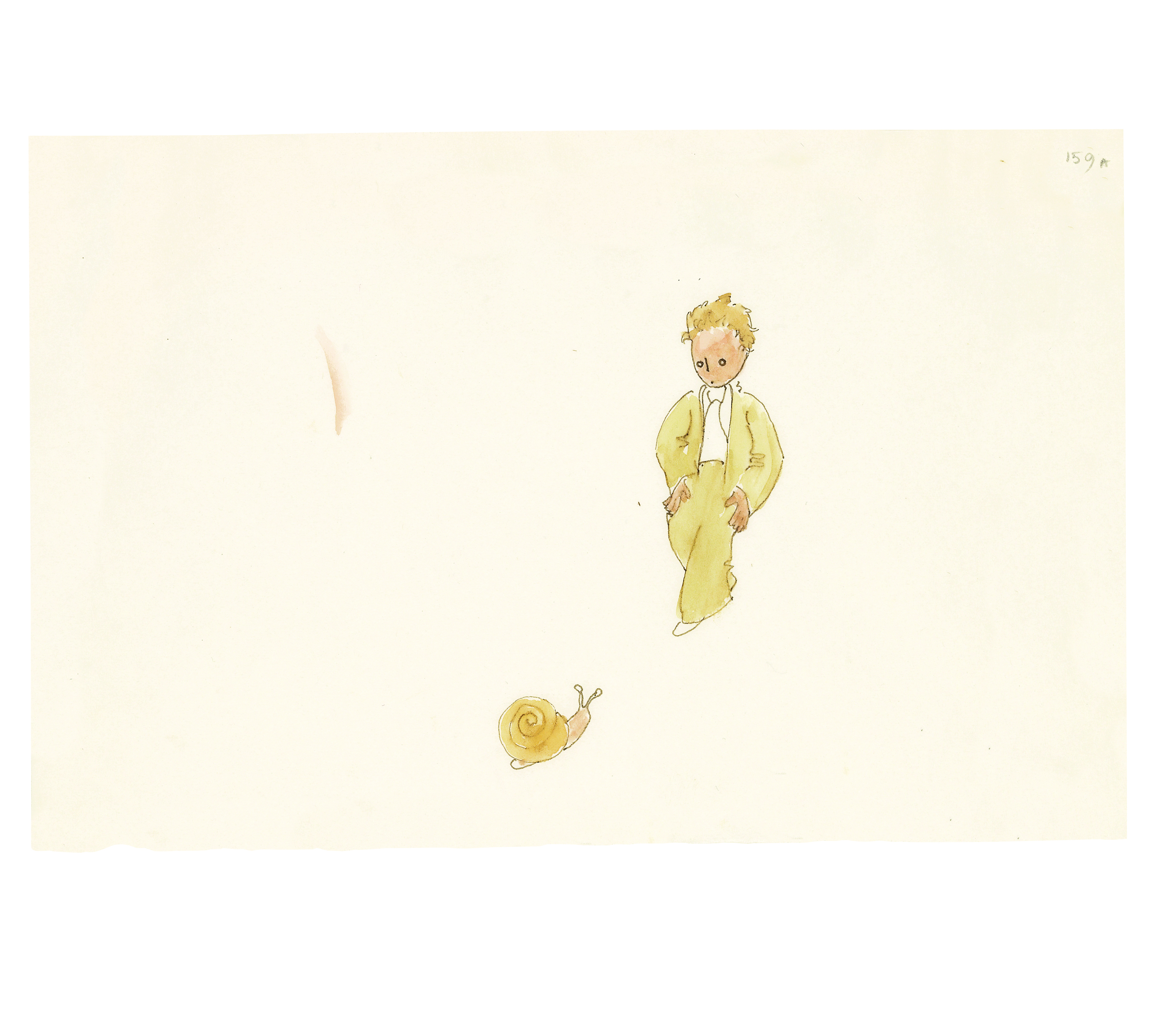 생텍쥐페리가 ‘어린 왕자’를 준비하면서 그린 ‘어린 왕자와 달팽이’(1942). 미국 뉴욕 모건도서관·박물관에 소장된 작품으로 ‘어린 왕자’ 출간 80주년을 맞아 공개됐다. 위즈덤하우스 제공