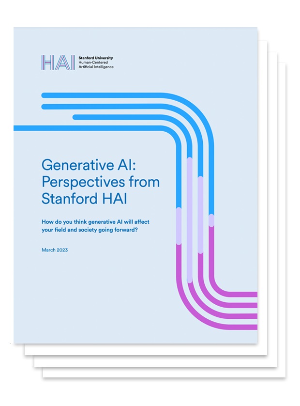 스탠퍼드대 HAI에서 펴낸 ‘생성 AI: 스탠퍼드 HAI의 관점’이란 리포트 표지. 이 리포트에서 생성 AI가 의학, 교육, 디자인, 법률, 예술, 일 등의 분야를 어떻게 바꾸고 영향을 미치는지를 다뤘다.