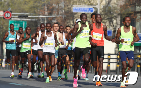 지난 2일 오전 대구 중구 국채보상운동기념공원 앞에서 열린 ‘2023 대구국제마라톤대회’ 엘리프 풀코스에 출전한 선수들이 대구 도심을 달리고 있다. 뉴스1