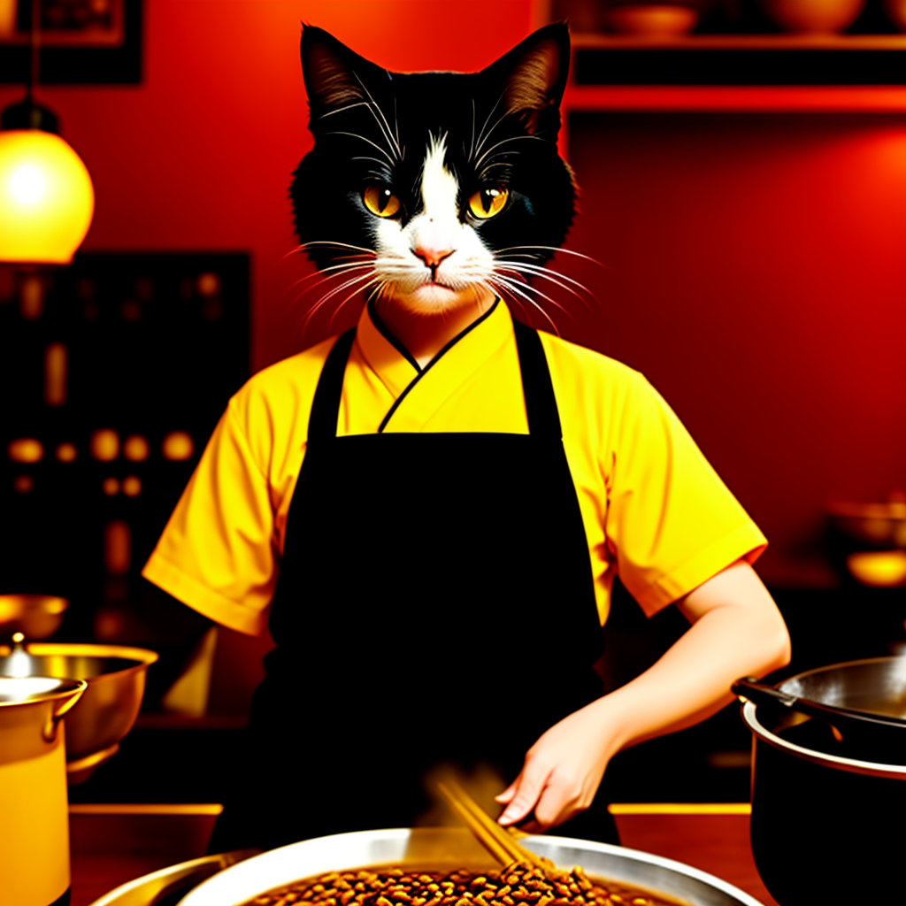 ‘중국요리집에서 고양이 주방장이 웍을 들고 짜장을 볶는 모습을 상상해서 클림트 화풍으로 그려줘’