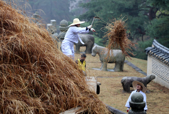 한식인 6일 경기도 구리시 동구릉 내 태조 이성계의 무덤인 건원릉에서 봉분을 덮고 있는 억새를 자르는 ‘청완 예초의’가 치러지고 있다. 2023.4.6 연합뉴스