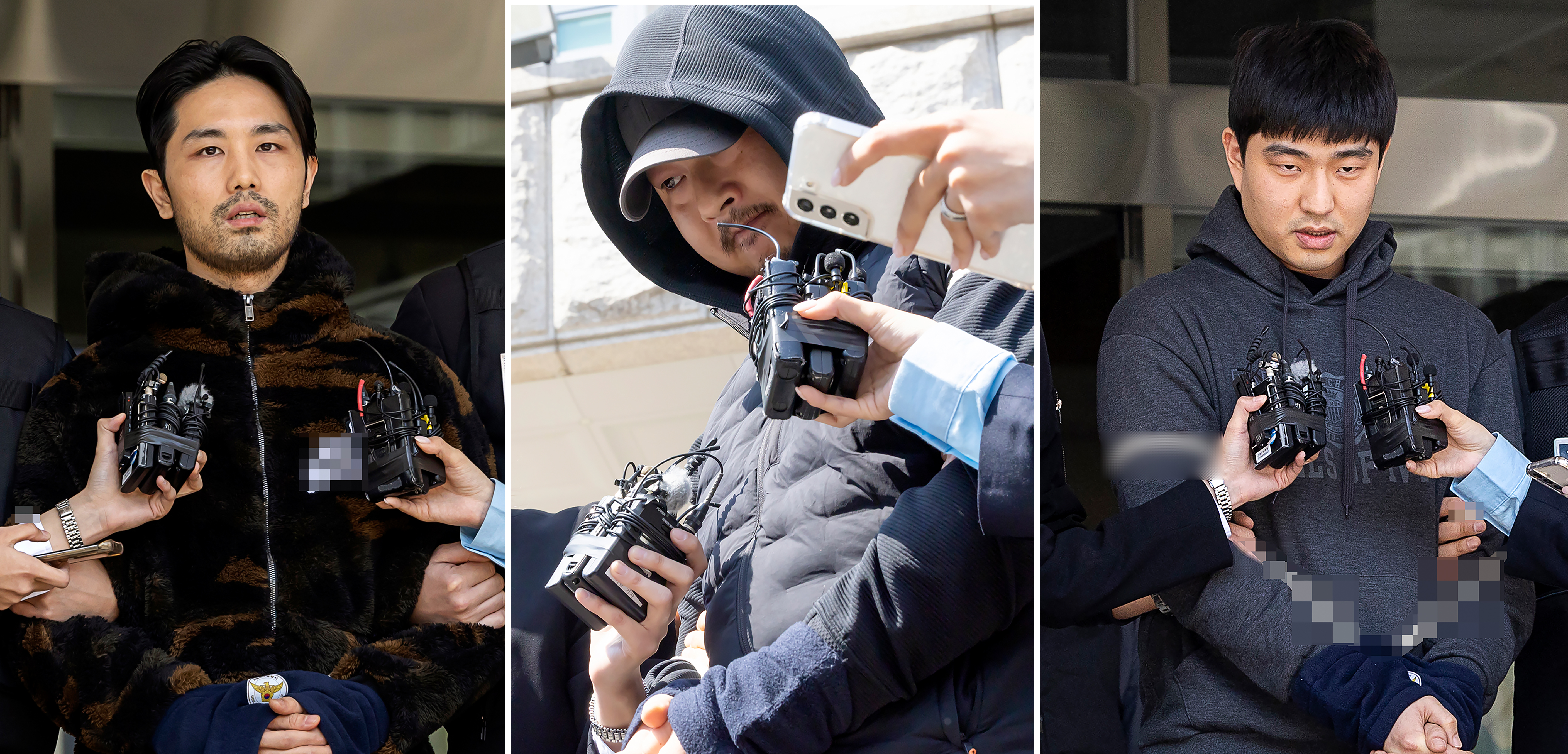 서울 강남에서 40대 여성을 납치·살해한 혐의 등으로 구속된 이경우(왼쪽부터)와 황대한, 연지호가 9일 각각 검찰로 송치되고 있다. 연합뉴스