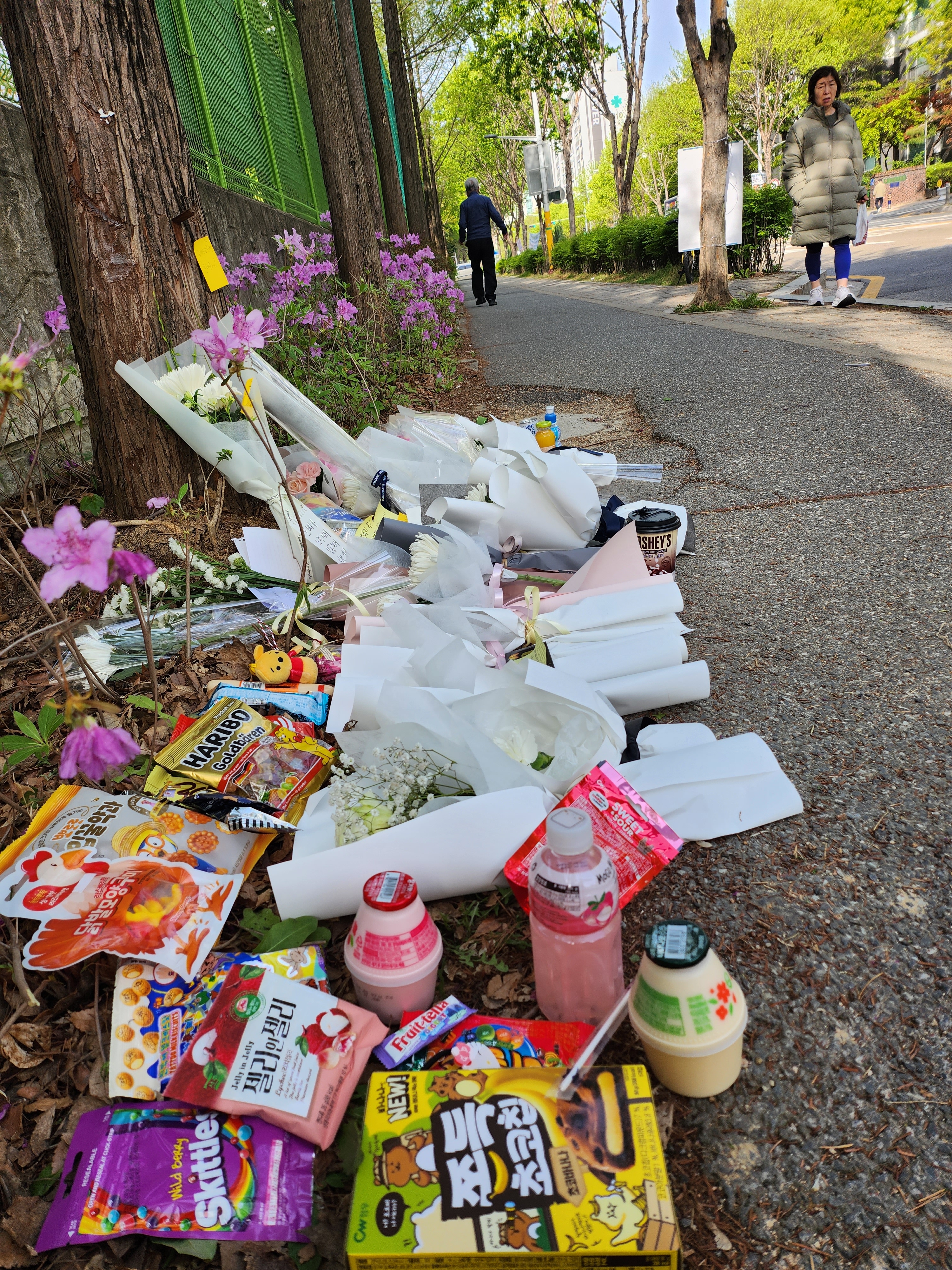 배승아양 등이 사고를 당한 도로변에 시민들이 가져다 놓은 꽃과 과자가 놓여 있다.