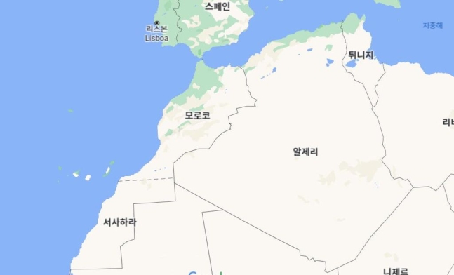 북서 아프리카 서사하라, 모로코의 지도. 구글 지도 캡처