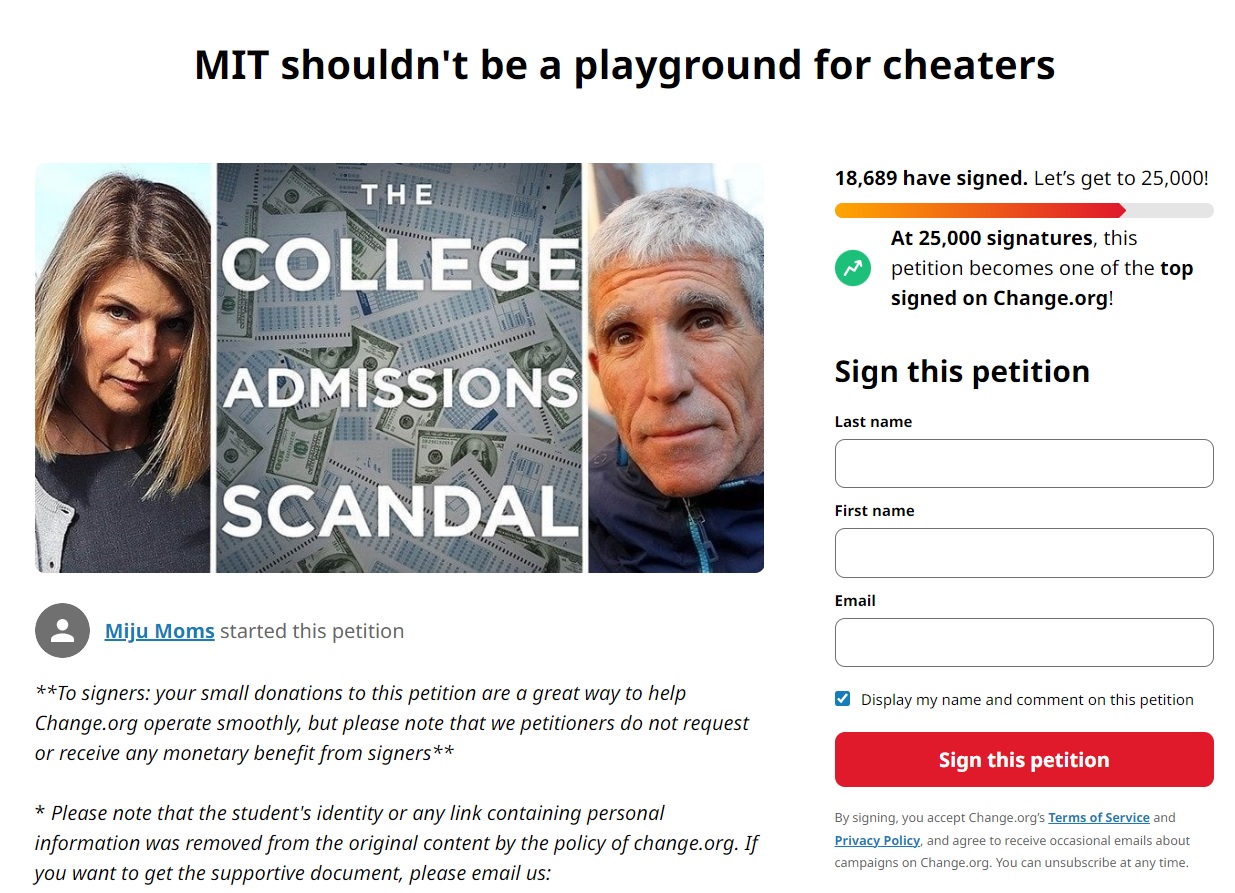 지난 9일 세계적인 청원홈페이지 ‘체인지’에 올라온 한동훈 장관 딸 한모양의 MIT 입학을 허락하면 안 된다는 취지의 청원. 제목에는 ‘MIT는 사기꾼들의 놀이터가 되어서는 안 된다’라고 쓰여 있다. 체인지 홈페이지 캡처