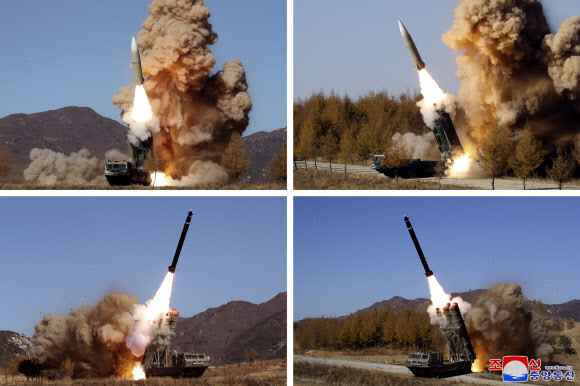 북한군은 7일 한미 연합공중훈련 ‘비질런트 스톰’에 대응해 지난 2∼5일 나흘간 대남 군사 작전을 진행했다고 밝혔다. 우리 군은 북한이 해당 작전에서 대륙간탄도미사일(ICBM) 화성-17형을 발사했다고 판단했으나, 이날 조선중앙통신이 공개한 미사일 발사 사진을 보면 노즐(화염 분사구)이 화성-17형의 4개보다는 적은 것으로 나타나 기존의 화성-15형일 가능성이 제기된다. 다만 이 미사일은 오른쪽(화성-15형)에 비해 탄두 부분이 뾰족한 모습으로 대기권 진입시 속도를 높이려는 의도가 있다는 분석이 나온다. 2022.11.7 조선중앙통신