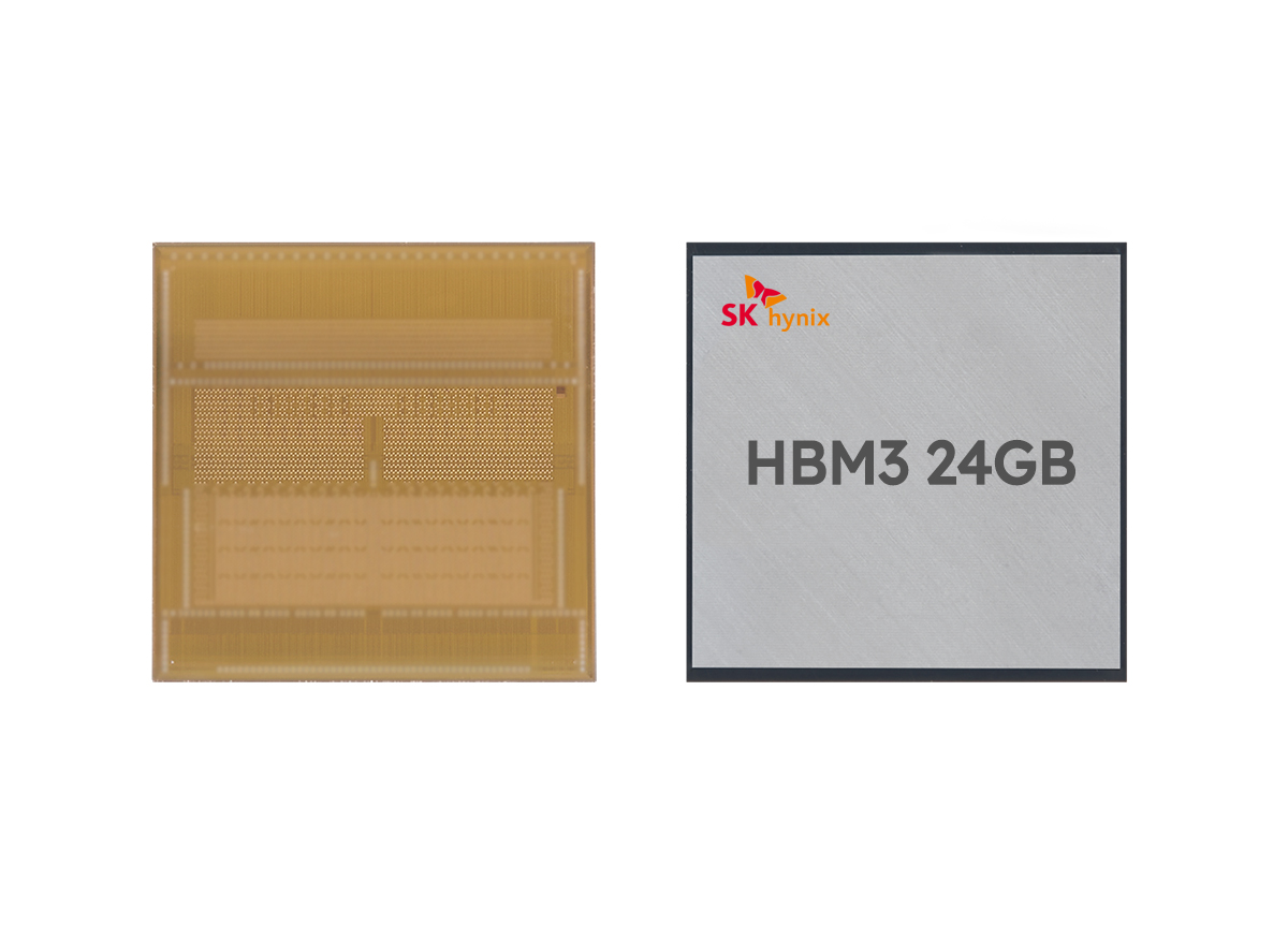 SK하이닉스가 세계 최초로 D램 단품 칩 12개를 수직으로 쌓아 현존 최고 용량인 24기가바이트(GB)를 구현한 HBM3 신제품. SK하이닉스 제공