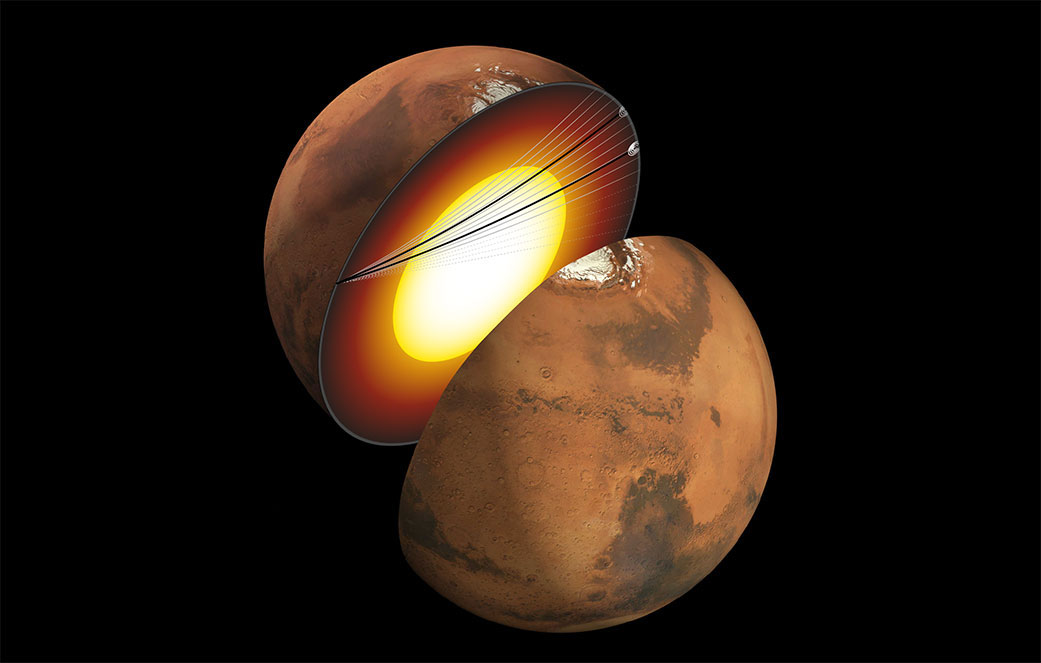 인사이트는 화성 탄생과 태양계 진화 과정에 대한 비밀을 밝히기 위해 2018년 5월 발사돼 같은 해 11월 화성 적도 인근 엘리시움 평원에 착륙해 화성 내부 온도, 지각 활동, 열 분포 등을 측정했다. 그 결과 화성 내부는 지구와 달리 액체 형태의 핵 하나만 있는 것으로 확인됐다. NASA·제트추진연구소(JPL)-칼텍·메릴랜드대 제공