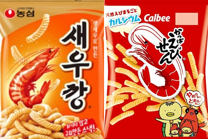 한국 농심 ‘새우깡’과 일본 칼비 ‘갓파에비센’.