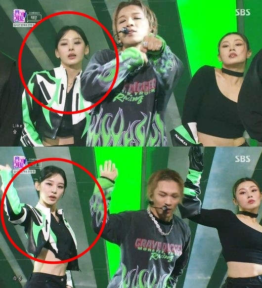 가수 태양 무대에 선 댄서 노제(왼쪽).<br>SBS ‘인기가요’
