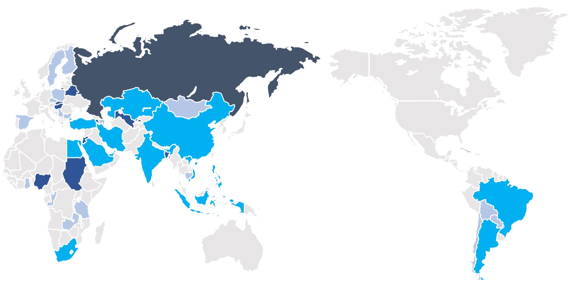 러시아가 원전 협력관계를 맺고 있는 43개국 국가 현황을 담은 지도. 색이 진할수록 협력관계가 높음을 보여준다. &lt;자료: 전국경제인연합회&gt;