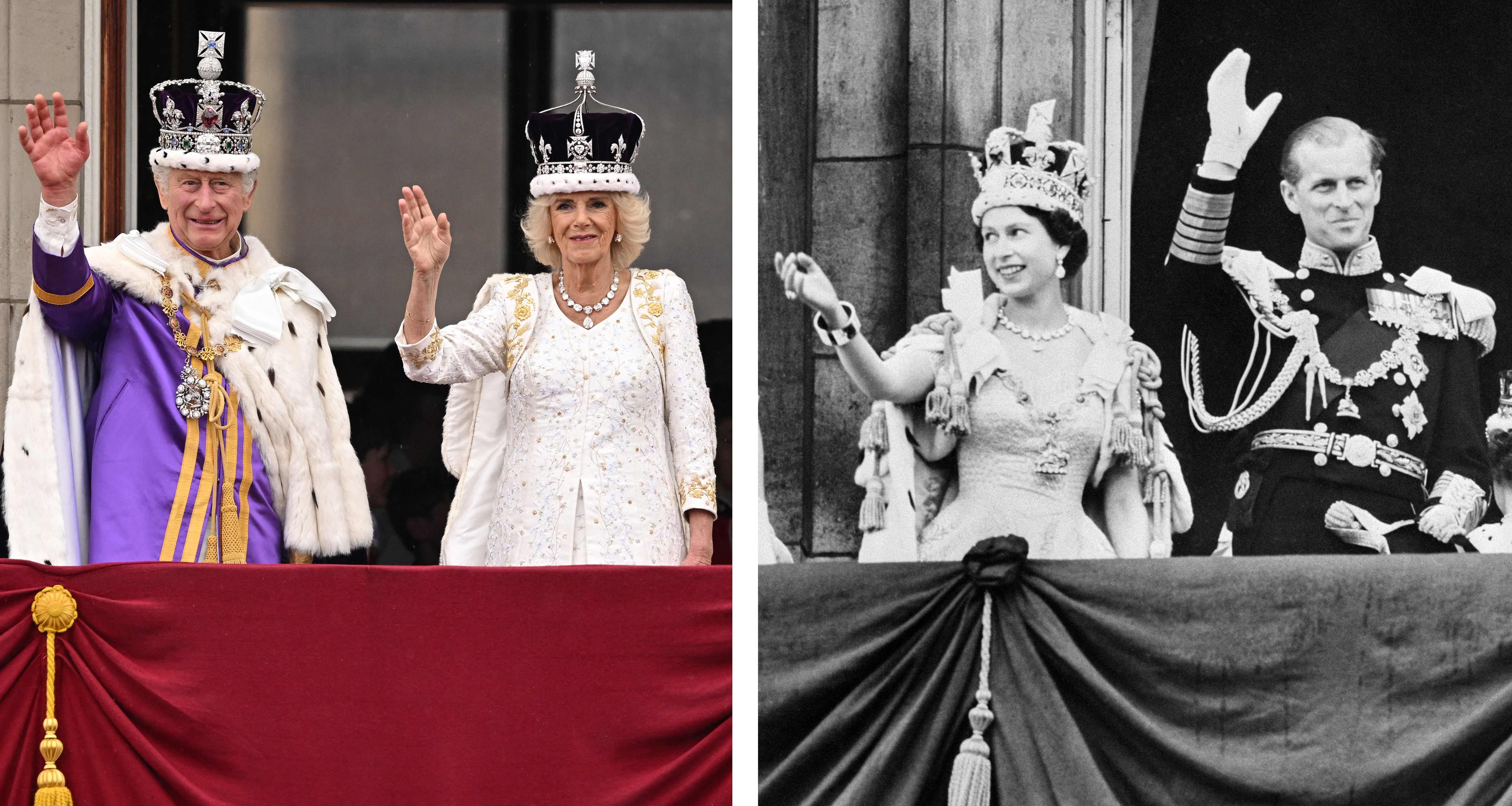 왼쪽 사진은 6일(현지시간) 런런 버킹엄궁 발코니에서 손을 흔들고 있는 찰스 3세 영국 국왕과 카밀라 여왕. 오른쪽 사진은 1953년 6월 2일 같은 장소에서 손을 흔들고 있는 엘리자베스 2세 영국 여왕과 남편 필립 공. 런던 AFP 연합뉴스