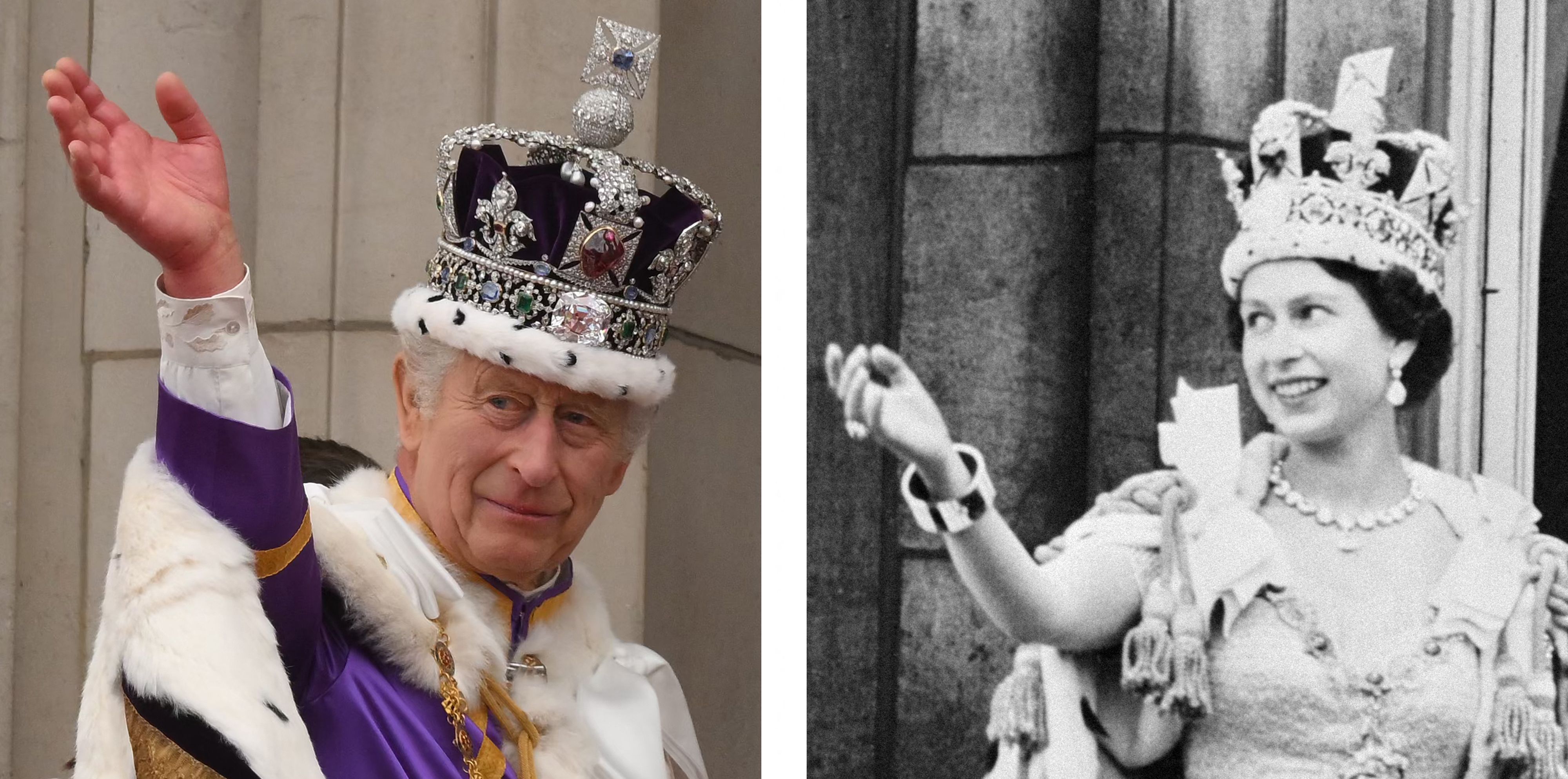 왼쪽 사진은 6일(현지시간) 런런 버킹엄궁 발코니에서 손을 흔들고 있는 찰스 3세 영국 국왕. 오른쪽 사진은 1953년 6월 2일 같은 장소에서 손을 흔들고 있는 엘리자베스 2세 영국 여왕. 런던 AFP 연합뉴스