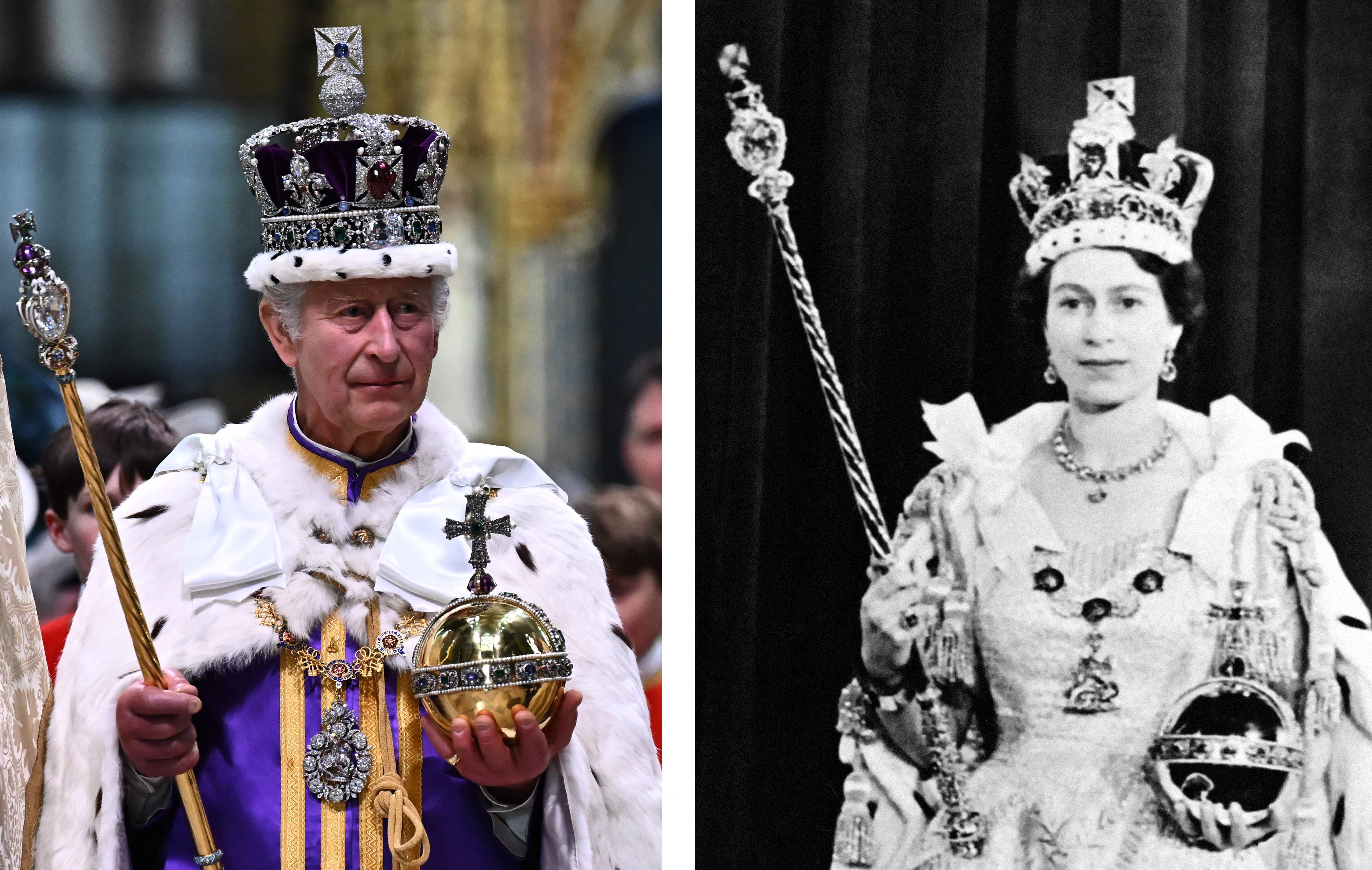 왼쪽 사진은 6일(현지시간) 런던 웨스트민스터 사원을 떠나는 찰스 3세 영국 국왕. 오른쪽 사진은 1953년 6월 2일 엘리자베스 2세 영국 여왕 즉위식. 런던 AFP 연합뉴스