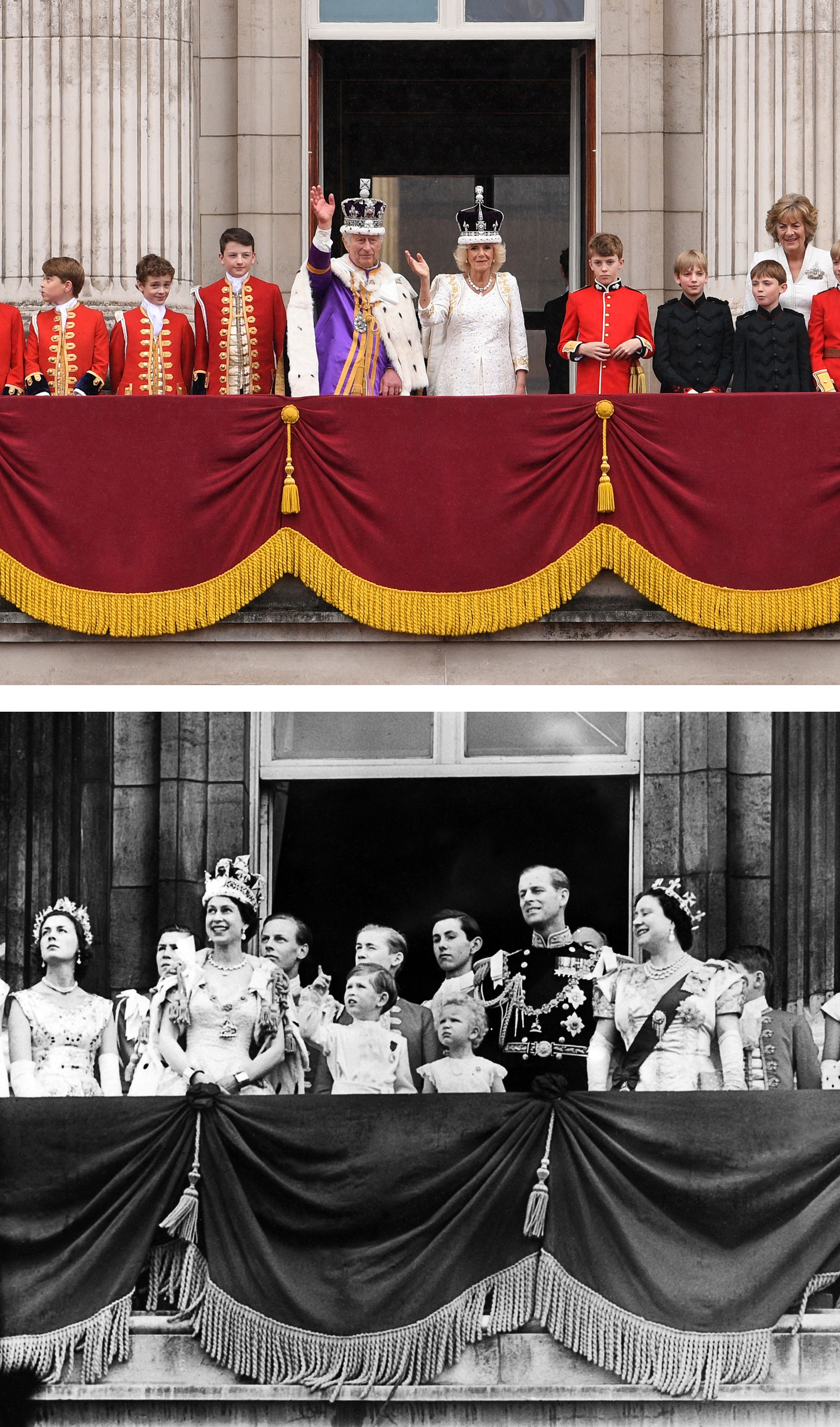 위쪽 사진은 6일(현지시간) 런런 버킹엄궁 발코니에서 손을 흔들고 있는 찰스 3세 영국 국왕과 카밀라 여왕. 아래 사진은 1953년 6월 2일 같은 장소에서 손을 흔들고 있는 엘리자베스 2세 영국 여왕, 남편 필립 공, 찰스 왕세자, 앤 공주, 엘리자베스 여왕, 마거릿 공주. 런던 AFP 연합뉴스