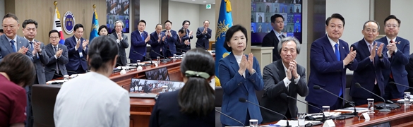 윤석열 대통령과 중대본 위원들이 집권 2년 차 첫날이었던 지난 11일 서울 용산 대통령실 청사에서 열린 코로나19 중앙재난안전대책본부 회의에 앞서 코로나19 방역 최전선에서 활약한 의사, 간호사, 간호조무사 등 보건 의료진에게 격려의 박수를 보내고 있다. 연합뉴스