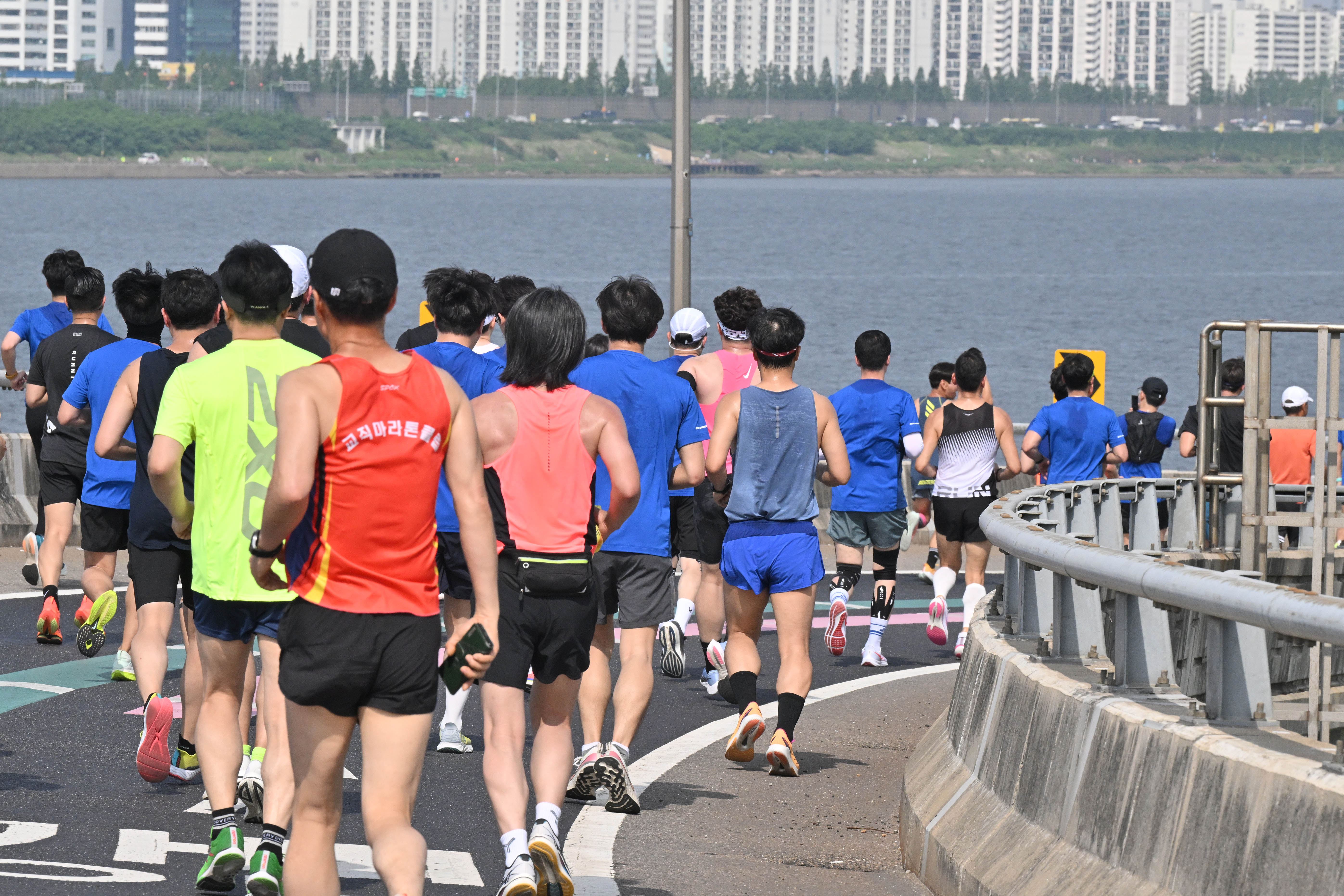 서울 마포구 월드컵공원 평화의광장을 출발한 참가자들이 월드컵대교를 달리고 있다. 홍윤기 기자