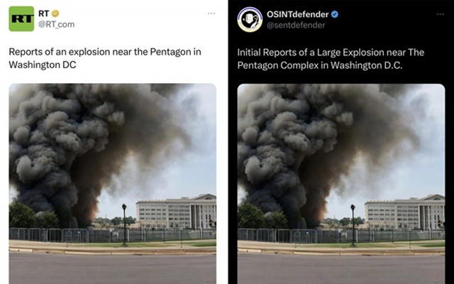 22일(현지시간) 오전 각종 소셜네트워크서비스(SNS)에는 미국 워싱턴DC 인근 버지니아주 알링턴카운티에 있는 국방부 청사 펜타곤 영내에서 폭발이 발생했다는 소식과 함께 확인되지 않은 사진 한 장이 나돌기 시작했다. 게시물은 유명 ‘오픈 소스 정보’(OSINT) 관련 계정(사진 오른쪽)을 타고 급속도로 확산했다. 전쟁 당사국인 러시아와 우크라이나 매체도 큰 관심을 보였다. 왼쪽은 해당 소식을 전한 러시아 해외 선전매체인 RT 정. 2023.5.22 트위터