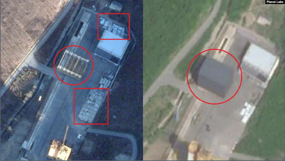 미국 상업위성업체 플래닛랩스가 지난해 11월(왼쪽)과 올해 5월 16일(오른쪽) 북한 평안북도 철산군 동창리 서해위성발사장을 촬영한 위성사진. 사진을 비교한 결과 뼈대만 있던 이동식 조립건물(원 안)이 반년 사이에 완성되고 주변의 자재(사각형 안)도 사라진 것으로 나타났다. 미국의소리(VOA) 방송 캡처