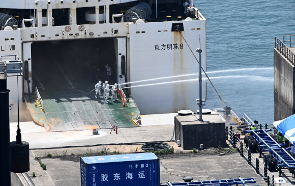 23일 오후 경기도 평택항 국제여객터미널에서 국제여객선 입항 중 화재 발생 상황을 가정한 ‘국제여객선 복합재난 합동 대응 훈련’이 열리고 있다. 2023.5.23. 공동취재