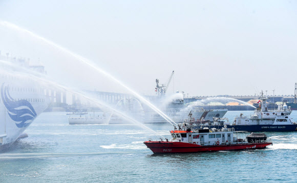 23일 오후 경기도 평택항 국제여객터미널에서 국제여객선 입항 중 화재 발생 상황을 가정한 ‘국제여객선 복합재난 합동 대응 훈련’이 열리고 있다. 2023.5.23. 공동취재