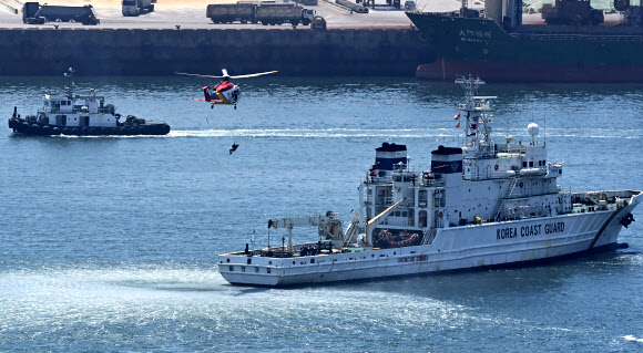 23일 오후 경기도 평택항 국제여객터미널에서 국제여객선 입항 중 화재 발생 상황을 가정한 ‘국제여객선 복합재난 합동 대응 훈련’이 열리고 있다. 2023.5.23. 공동취재