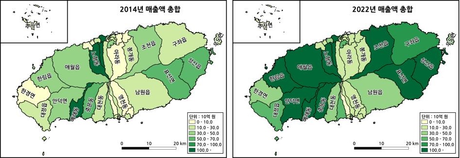 2014년(왼쪽)과 2022년 이용 지역별 카드 소비금액 단계구분도. 2022년에는 2014년 대비 진한 초록색 부분이 더 넓어졌다. 제주관광공사 제공