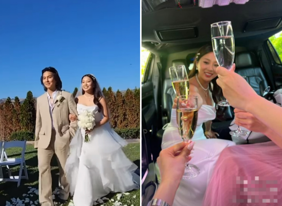 그룹 위너 송민호가 동생 송단아의 결혼식에 참석해 팔짱을 끼고 버진로드를 함께 걷는 모습(왼쪽 사진)과 송단아가 샴페인을 들고 자신의 결혼식을 축하하는 모습. 인스타그램 스토리 캡처