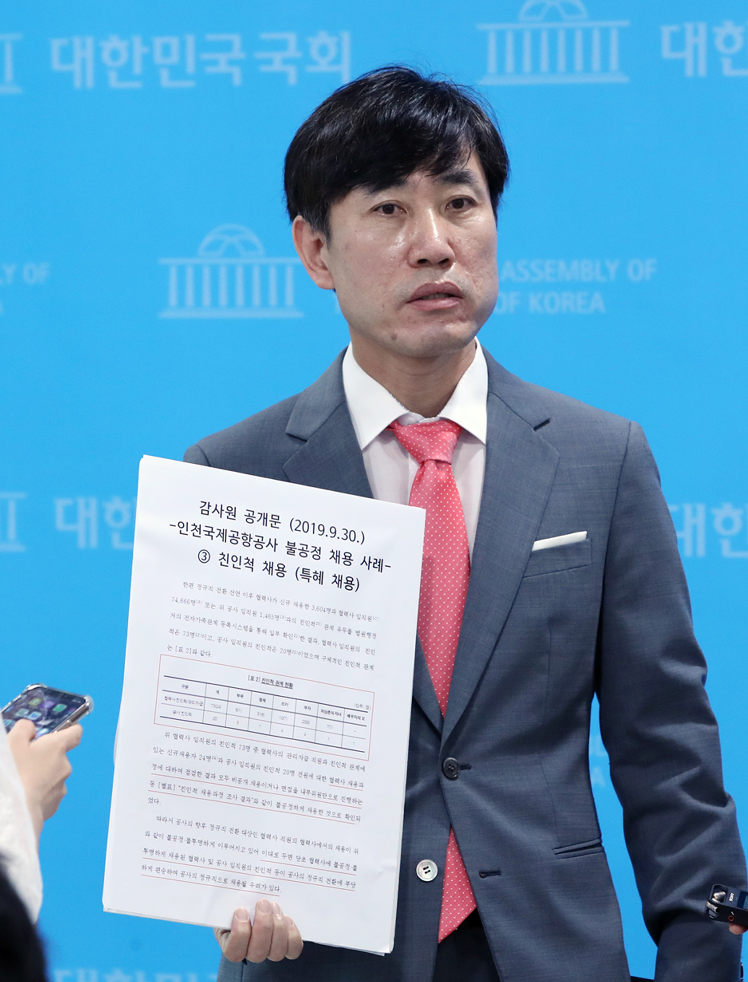 2020년 6월 당시 미래통합당 소속이던 하태경 의원이  국회 소통관에서 기자회견을 열고 인천국제공항공사 불공정 채용 사례를 소개하고 있다. 연합뉴스