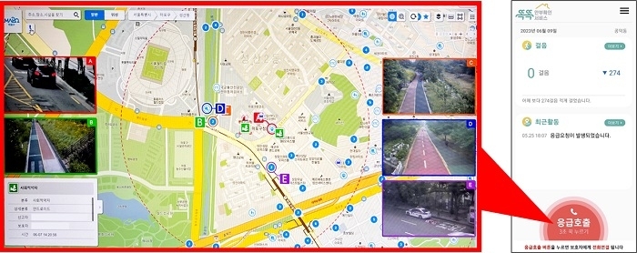 대상자 응급호출 시, 현재 위치에서 가까운 주변 5개 CCTV를 통해 대상자의 상태 확인이 가능하다. 루키스 제공.