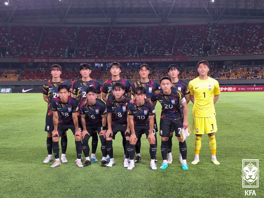 19일 중국과의 2차 평가전에 출전한 24세 이하(U24) 한국 축구 대표팀. 한국이  0-1로 졌다. 대한축구협회 제공.