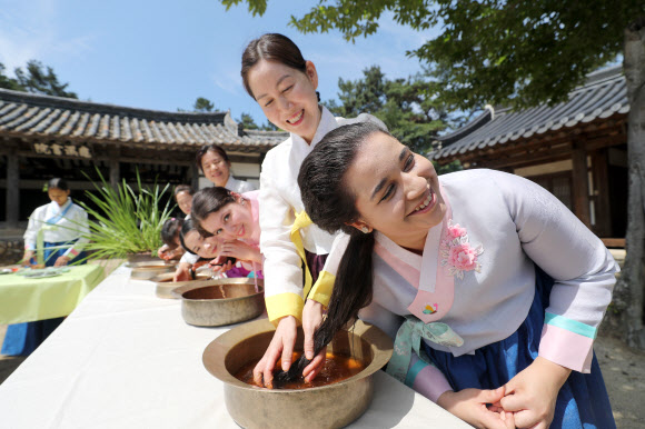 음력 5월 5일 전통 명절 단오를 이틀 앞둔 20일 오전 경북 경산시 영남대학교 민속촌에서 외국인 유학생들이 창포물에 머리감기 체험을 하고 있다. 예부터 단오에 창포를 삶은 물로 머리를 감으면 창포 특유의 향기로 나쁜 귀신을 쫓고, 머리에 윤기가 난다고 믿었다. 2023.6.20 연합뉴스