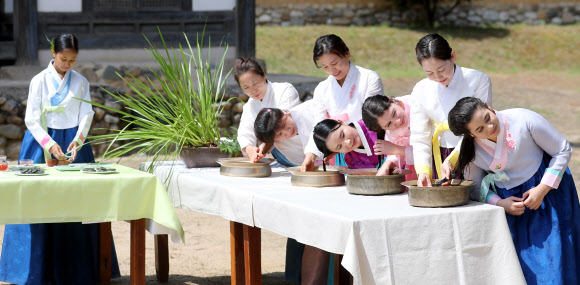 음력 5월 5일 전통 명절 단오를 이틀 앞둔 20일 오전 경북 경산시 영남대학교 민속촌에서 외국인 유학생들이 창포물에 머리감기 체험을 하고 있다. 예부터 단오에 창포를 삶은 물로 머리를 감으면 창포 특유의 향기로 나쁜 귀신을 쫓고, 머리에 윤기가 난다고 믿었다. 2023.6.20 연합뉴스